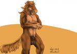  balls brown_theme crossed_arms equine green_eyes horse lizardlars looking_at_viewer male mammal mane nude sheath simple_background smile solo standing 
