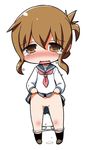  1girl blush brown_eyes brown_hair chibi crying female folded_ponytail gerotan inazuma_(kantai_collection) kantai_collection open_mouth panties panty_pull pussy pussy_juice school_uniform serafuku shoes short_hair simple_background skirt skirt_lift socks solo tears uncensored underwear white_background 