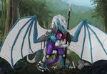  2014 anthro armor arun_(tokaido) balls blue_eyes breasts claws clothed clothing cum cum_inside digitigrade dragon forest from_behind half-dressed herm horn intersex lying on_back penis polearm rider/mount_relations rumiir scalie sheath spear tokaido tongue tongue_out tree wings 