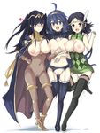  3girls :d areolae black_hair blue_eyes blue_hair blush bodystocking breast_press breasts cape covered_navel echizen_(hvcv) fire_emblem fire_emblem:_kakusei garter_belt girl_sandwich high_heels large_breasts long_hair looking_at_viewer lucina mother_and_daughter multiple_girls navel nintendo nipples noire_(fire_emblem) open_mouth panties pubic_hair puffy_nipples pussy pussy_juice sandwiched smile tharja thighhighs two_side_up uncensored underwear 