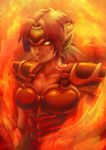  armor artist_name bangs breasts cleavage collarbone dragon_girl fire flame granberia headgear medium_breasts mon-musu_quest! monster_girl red_hair serious shin2468 shoulder_armor sidelocks solo tattoo upper_body 