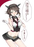  bare_shoulders blush breasts brown_hair gloves green_eyes hand_on_own_chest headband headgear kantai_collection medium_breasts microskirt midriff mutsu_(kantai_collection) navel short_hair sideboob skirt solo translated veryberry00 