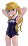  armpits bad_id bad_pixiv_id blonde_hair highres lips long_hair mossi name_tag one-piece_swimsuit original ponytail purple_eyes school_swimsuit shiny shiny_clothes sidelocks simple_background solo swimsuit wet wet_clothes white_background 