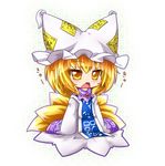  animal_ears blonde_hair chibi dress fang fox_ears fox_tail hat kazami_karasu long_sleeves looking_at_viewer multiple_tails open_mouth oversized_clothes pillow_hat sleeves_past_wrists solo tabard tail touhou white_dress wide_sleeves yakumo_ran yellow_eyes 