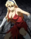  1girl angry bandage blonde_hair blue_eyes breasts dress freezing_(series) highres large_breasts long_hair red_dress satellizer_el_bridget solo standing stitched weapon 