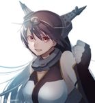  blurry breasts brown_hair depth_of_field elbow_gloves fingerless_gloves gloves headgear kantai_collection long_hair medium_breasts nagato_(kantai_collection) red_eyes sleeveless smile solo twitter_username veryberry00 