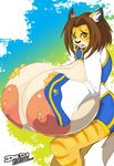  2014 big_breasts bloody_roar breasts brown_hair cat chinese_clothing claws clothed clothing feline female hair huge_breasts hyper hyper_breasts lionalliance mammal nipples open_mouth solo stripes uriko video_games were yellow_eyes 