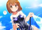  blush brown_hair cloud competition_school_swimsuit day hoppege hose looking_at_viewer nakahara-kun_no_kahogo_na_imouto nakahara_maria one-piece_swimsuit rainbow see-through shirt short_hair sky solo sun_flare swimsuit swimsuit_under_clothes t-shirt water wet wet_clothes 