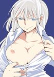  areolae blush bra bra_pull breasts breasts_outside cleavage highres jormungand koko_hekmatyar large_breasts long_hair nipples open_clothes solo uesugi_kyoushirou underwear white_hair 