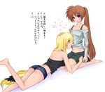  2girls blonde_hair blue_eyes brown_hair fate_testarossa hair_ornament heart long_hair lyrical_nanoha mahou_senki_lyrical_nanoha_force mahou_shoujo_lyrical_nanoha mahou_shoujo_lyrical_nanoha_strikers mahou_shoujo_lyrical_nanoha_vivid multiple_girls navel ponytail short_shorts shorts skirt takamachi_nanoha translation_request very_long_hair watercolormark yuri 