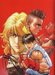  3boys andy_seto antenna_hair bandana black_hair brown_eyes brown_hair dark_skin dark_skinned_male dougi eyebrows face_mask fingerless_gloves gloves headband ibuki_(street_fighter) ken_masters mask multiple_boys muscle official_art ponytail red_background red_gloves ryuu_(street_fighter) sean_matsuda simple_background sleeveless street_fighter street_fighter_iii_(series) white_hair 