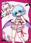  bat bat_wings blue_hair bow character_name cheerleader choker clock clock_tower hands_on_hips midriff miniskirt no_hat no_headwear pleated_skirt raichi_(sg1010) red_eyes remilia_scarlet ribbon short_hair skirt sleeveless smile socks solo thigh_ribbon touhou tower wings 