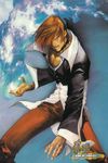  andy_seto blue_fire choker dress_shirt fire hair_over_one_eye highres jewelry male_focus official_art pants pyrokinesis red_hair red_pants ring shirt snk solo the_king_of_fighters yagami_iori 