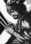  animal_ears beard cat_ears chen claw_(weapon) commentary_request facial_hair greyscale hat male_focus manly marvel mitsuki_yuuya monochrome parody solo touhou weapon wolverine x-men 