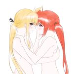  2girls blonde_hair blush fate_testarossa hair_ornament hand_on_another's_face hand_on_back hand_on_face incipient_kiss looking_at_another lyrical_nanoha mahou_senki_lyrical_nanoha_force mahou_shoujo_lyrical_nanoha mahou_shoujo_lyrical_nanoha_strikers mahou_shoujo_lyrical_nanoha_vivid multiple_girls nude orange_hair ponytail purple_eyes red_eyes takamachi_nanoha yuri zan 