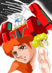  1boy 1girl afro ass blonde_hair brown_hair cosmo_yuki densetsu_kyojin_ideon ideon kasha_imhof looking_back mecha nude ranpu 