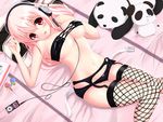  bed black_outfit breasts candy digital_media_player female fishnets food headphones large_breasts lollipop long_hair lying music music_player nitroplus on_back pink_eyes pink_hair solo super_sonico sweets tamago_kago 