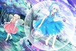  ascot barefoot blue_eyes blue_hair bow bubble cirno cloud cloudy_sky daiyousei dress fairy fairy_wings flower forest full_moon hair_bow hongmao ice ice_wings in_bubble lake looking_at_viewer moon multiple_girls nature neck_ribbon puffy_short_sleeves puffy_sleeves purple_sky ribbon ripples short_sleeves sky stream touhou tree walking walking_on_liquid water wings 
