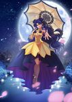  absurdres anklet bare_legs barefoot bishoujo_senshi_sailor_moon blue_eyes blue_hair blurry bow choker crescent_moon depth_of_field douyougen dress facial_mark floating forehead_mark full_body full_moon hair_bun hands highres holding jewelry lace lips long_hair luna_(sailor_moon) luna_(sailor_moon)_(human) moon necklace night night_sky outstretched_hand petals ribbon ribbon_choker sky smile solo star_(sky) starry_sky umbrella very_long_hair water wavy_hair yellow_bow yellow_ribbon 