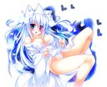  animal_ears bare_shoulders blush breasts cat_ears cat_tail collarbone dress dress_lift fang fundoshi heart heterochromia japanese_clothes large_breasts long_hair off_shoulder ooji_cha open_mouth original silver_hair solo tail triangular_headpiece very_long_hair white_dress 