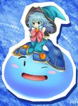  :o ;d atelier_(series) blob blue blue_background blue_dress blue_hair bow brooch dress green_eyes hat jewelry kit_(kit1553) mana_khemia_(series) mana_khemia_2 one_eye_closed open_mouth oversized_clothes pink_bow puni_(atelier) puniyo_(mana_khemia) short_hair sleeves_past_wrists smile 