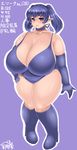  1girl absurdres astraea13 blue_hair blue_swimsuit boots breasts choker cleavage elbow_gloves elf fat female gigantic_breasts gloves high_heels highres kneehighs lips measurements mole original pointy_ears purple_eyes simple_background solo standing stats swimsuit translated translation_request twintails 