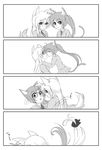  2girls 4koma animal_ears blush comic fate_testarossa hair_ornament kiss long_hair lyrical_nanoha mahou_shoujo_lyrical_nanoha mahou_shoujo_lyrical_nanoha_a&#039;s mahou_shoujo_lyrical_nanoha_a's monochrome multiple_girls ponytail school_uniform skirt smile tail takamachi_nanoha translation_request uniform watercolormark yuri 