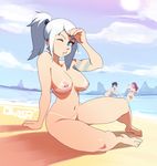  ;o barefoot beach blue_eyes blue_hair borrowed_character breasts breasts_apart dani_(nikoniko808) day downscaled_revision eyebrow_piercing foreshortening highres howler_(owler) large_breasts looking_at_viewer md5_mismatch multiple_girls nadia_(k-y-h-u) navel nipple_bar nipple_piercing nipples nude one_eye_closed original outdoors owler piercing ponytail sand solo_focus tan tanline tattoo water 