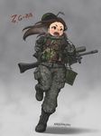  ammo_box black_gloves boots breath brown_eyes brown_hair camouflage combat_boots commentary daewoo_k2 digital_camouflage gloves grenade_launcher helmet load_bearing_vest long_hair m203 military nestkeeper original running solo south_korean_flag underbarrel_grenade_launcher weapon 