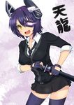  checkered checkered_neckwear eyepatch fingerless_gloves gloves headgear highres kantai_collection looking_at_viewer mint_(cerbi) necktie open_mouth purple_hair short_hair solo sword tenryuu_(kantai_collection) thighhighs weapon yellow_eyes 