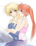  2girls blonde_hair blue_eyes blush couple fate_testarossa happy hug hug_from_behind long_hair looking_at_another lyrical_nanoha mahou_senki_lyrical_nanoha_force mahou_shoujo_lyrical_nanoha mahou_shoujo_lyrical_nanoha_strikers mahou_shoujo_lyrical_nanoha_vivid multiple_girls orange_hair ponytail red_eyes smile takamachi_nanoha watercolormark yuri 