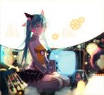  aqua_eyes aqua_hair gears gloves hakusai_(tiahszld) hatsune_miku highres long_hair odds_&amp;_ends_(vocaloid) robot sitting smile solo television twintails very_long_hair vocaloid 