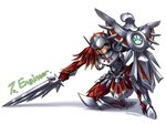  armor bared_teeth full_armor gauntlets helmet knight league_of_legends leona_(league_of_legends) nestkeeper one_knee red_eyes red_hair shield solo sword weapon 