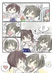  !! &gt;_o 3girls ? asymmetrical_hair black_hair brown_eyes brown_hair building_block comic commentary green_eyes hair_ribbon hairband heart hisui_(kimochi) japanese_clothes kaga_(kantai_collection) kantai_collection light_bulb mirror multiple_girls one_eye_closed open_mouth ribbon shoukaku_(kantai_collection) side_ponytail silent_comic spoken_exclamation_mark spoken_heart spoken_light_bulb spoken_question_mark squiggle toy twintails white_hair younger zuikaku_(kantai_collection) 