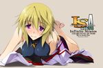 barefoot blush breasts charlotte_dunois copyright_name covered_nipples infinite_stratos jacket jacket_removed large_breasts lying nagare_hyougo on_stomach purple_eyes smile 