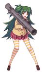  :d artist_request bazooka bullet_girls cardigan character_request fang full_body green_hair highres kishino_remi loafers long_hair long_sleeves looking_at_viewer m3_maaws mole mole_under_eye official_art one_side_up open_mouth plaid plaid_skirt pleated_skirt rocket_launcher school_uniform shoes simple_background skirt smile solo striped striped_legwear thighhighs very_long_hair weapon white_background yellow_eyes zettai_ryouiki 