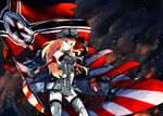  &gt;:( armband bare_shoulders bismarck_(kantai_collection) blonde_hair blue_eyes breasts burnt_clothes cannon daizan_(mount_position) damaged elbow_gloves fire flag frown gloves hand_on_headwear hat highres holding iron_cross japanese_flag kantai_collection long_hair medium_breasts military military_uniform nazi nazi_war_ensign night night_sky outdoors peaked_cap rising_sun sky sleeveless smoke solo sunburst thighhighs torn_clothes torn_gloves torn_legwear underboob uniform v-shaped_eyebrows world_war_ii zettai_ryouiki 