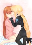  2girls bed blonde_hair blush brown_hair eyes_closed fate_testarossa hair_ornament kiss long_hair lyrical_nanoha mahou_senki_lyrical_nanoha_force mahou_shoujo_lyrical_nanoha mahou_shoujo_lyrical_nanoha_strikers mahou_shoujo_lyrical_nanoha_vivid military military_uniform multiple_girls pajamas sitting takamachi_nanoha uniform very_long_hair watercolormark yuri 