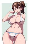  arm_behind_back ass_visible_through_thighs bare_shoulders bikini breasts brown_eyes brown_hair cameltoe cleavage highres hips huge_breasts kaga_(kantai_collection) kantai_collection looking_at_viewer navel open_mouth shiny shiny_skin side_ponytail skindentation solo string_bikini sun-3 swimsuit thigh_gap thighs wet wet_hair white_bikini 