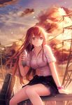  bangs bottle breasts brown_hair cloud cloudy_sky collared_shirt drink hair_between_eyes highres instrument_case legs long_hair looking_away medium_breasts original outdoors pen_(steelleets) power_lines red_eyes school_uniform shirt short_sleeves sitting skirt sky smile solo sunset thighs transformer water_bottle wristband 