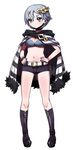  absurdres belt boots breasts choker cloak criminal_girls earrings eyebrows flower full_body hair_flower hair_ornament hands_on_hips highres ichihaya jewelry medium_breasts miu_(criminal_girls) nail_polish navel official_art short_hair short_shorts shorts silver_hair simple_background solo striped thick_eyebrows white_background 