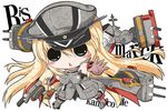  :&lt; bare_shoulders bismarck_(kantai_collection) blonde_hair blue_eyes blush_stickers breasts cannon character_name chibi elbow_gloves gloves grey_legwear hat itotin kantai_collection large_breasts long_hair lowres military military_uniform no_nose open_mouth outstretched_arm peaked_cap solo text_focus thighhighs uniform very_long_hair zettai_ryouiki 