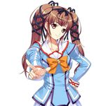  brown_hair hand_on_hip magical_canan pointing purple_eyes ribbon school_uniform smile solo terios transparent_background twintails yokota_mamoru 