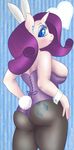  &lt;3 abstract_background anthro back_turned bedroom_eyes blue_eyes blush breasts bunnysuit corset cutie_mark equine female friendship_is_magic fur hair hooves horn horse legwear long_hair looking_at_viewer looking_back mammal my_little_pony pholidata pony presenting purple_hair raised_tail rarity_(mlp) smile solo standing stockings unicorn white_fur 