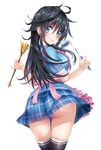  ahoge apron ass black_hair black_legwear blue_eyes blush breasts cover_image highres hisasi ladle large_breasts long_hair looking_at_viewer netoge_no_yome_wa_onna_no_ko_janai_to_omotta? official_art plaid plaid_skirt short_sleeves simple_background skindentation skirt smile solo staff tamaki_ako tareme thigh_gap thighhighs upskirt white_background 