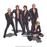  2009 5boys abs belt ben_beckman black_hair black_shoes blonde_hair cigarette dracule_mihawk earrings formal green_hair grey_hair hair_over_one_eye hand_in_pocket hand_on_hip jewelry kyuujou_emiri male male_focus multiple_boys necklace one_piece open_clothes open_shirt red_hair red_hari roronoa_zoro sanji scar shanks shirt shoes smoking suit sword weapon wink 