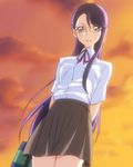  arms_behind_back blue_eyes brown_skirt glasses hair_ornament hairclip heartcatch_precure! long_hair looking_at_viewer myoudou_gakuen_high_school_uniform precure purple_hair ribbon school_uniform skirt solo sunset tsukikage_oyama tsukikage_yuri very_long_hair 