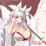  animal_ears breasts cleavage divine_gate fox_ears fox_tail fushimi_(divine_gate) highres huge_breasts multiple_tails naso4 red_eyes sketch solo tail white_hair 