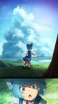  amino_(tn7135) bad_id bad_pixiv_id blue_eyes blue_hair bow chestnut_mouth cirno cloud day eye_reflection face from_behind hair_bow highres ice ice_wings lake reflection scenery shaded_face short_hair sky solo standing stick surprised touhou tree wings 