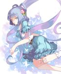  belt blue_dress blue_eyes blue_hair bug butterfly dress flower hair_flower hair_ornament hair_rings hillly_(maiwetea) insect kaku_seiga leg_ribbon ofuda open_clothes open_vest puffy_short_sleeves puffy_sleeves ribbon shawl short_sleeves solo touhou vest 